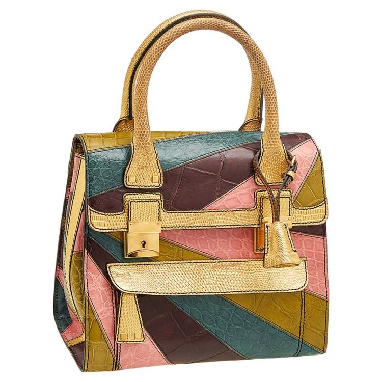 Pre Owned Valentino Multicolor Colorblock Crocodile And Lizard Leather Rockstud Top Handle Bag