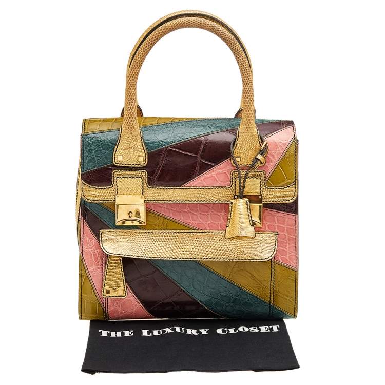 Pre Owned Valentino Multicolor Colorblock Crocodile And Lizard Leather Rockstud Top Handle Bag