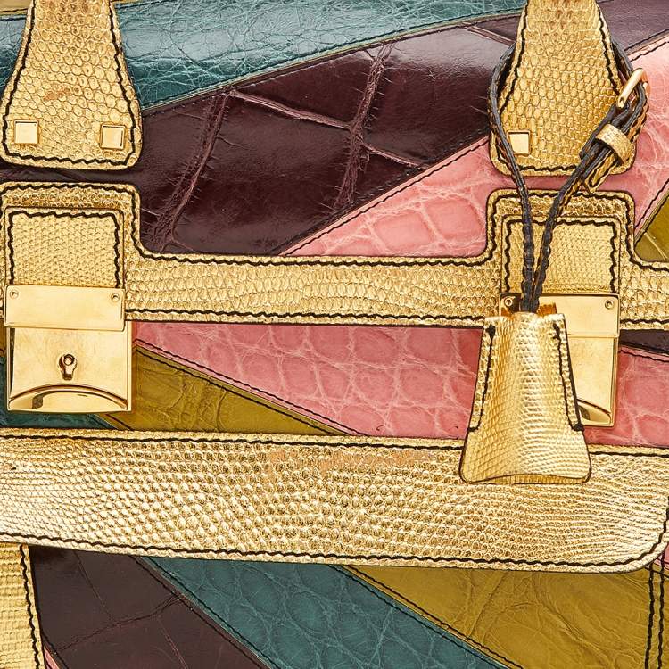 Pre Owned Valentino Multicolor Colorblock Crocodile And Lizard Leather Rockstud Top Handle Bag