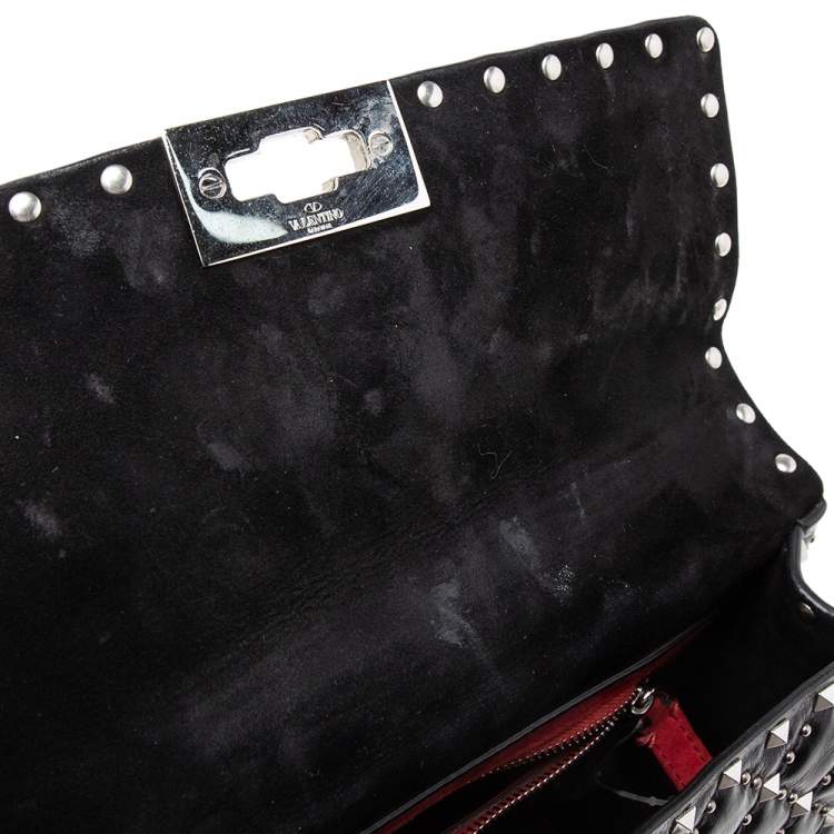 Pre Owned Valentino Black Quilted Leather Medium Rockstud Spike Top Handle Bag