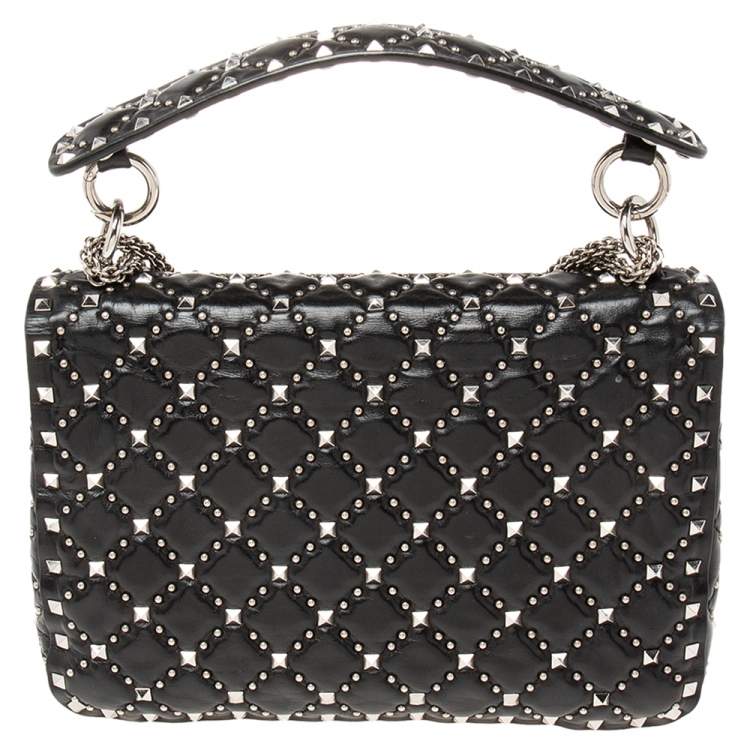 Pre Owned Valentino Black Quilted Leather Medium Rockstud Spike Top Handle Bag