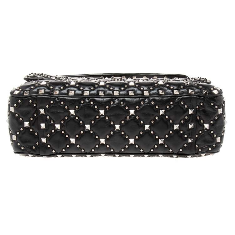 Pre Owned Valentino Black Quilted Leather Medium Rockstud Spike Top Handle Bag