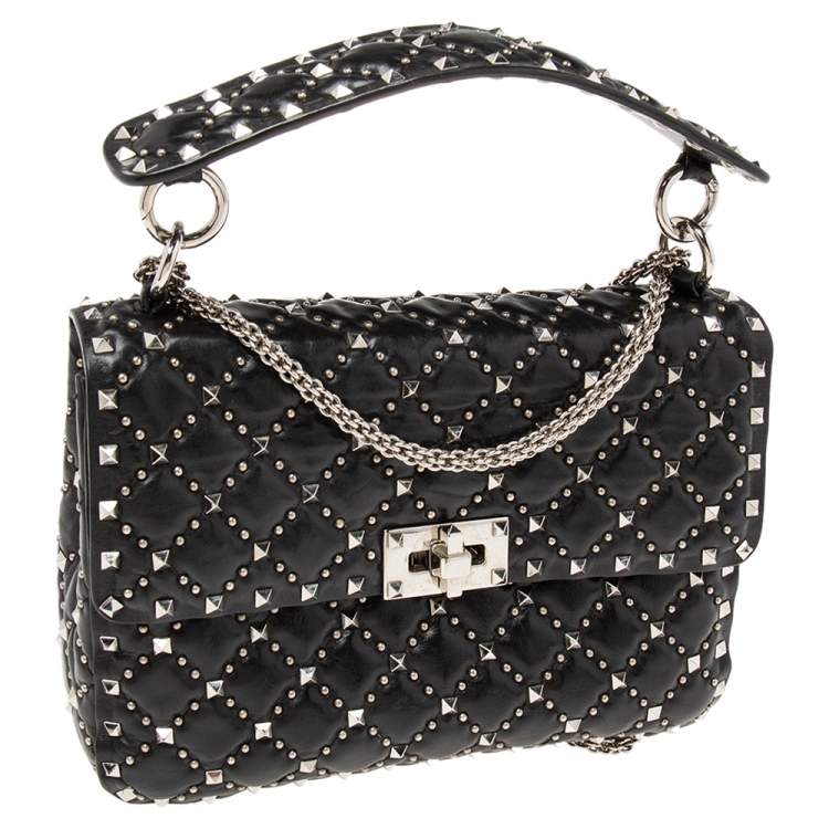 Pre Owned Valentino Black Quilted Leather Medium Rockstud Spike Top Handle Bag