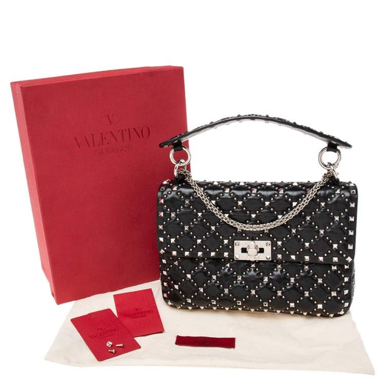 Pre Owned Valentino Black Quilted Leather Medium Rockstud Spike Top Handle Bag