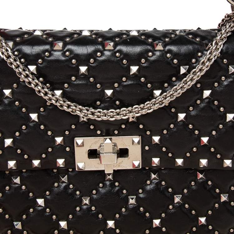 Pre Owned Valentino Black Quilted Leather Medium Rockstud Spike Top Handle Bag