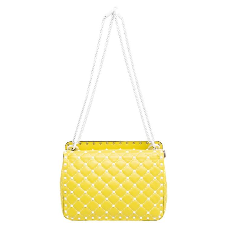 Pre Owned Valentino Yellow Leather Medium Rockstud Spike Top Handle Bag