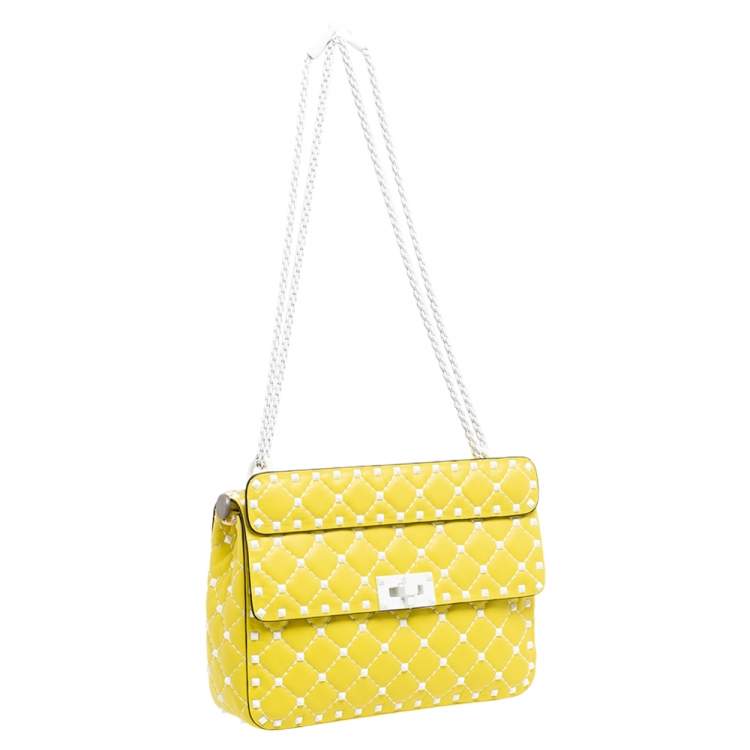 Pre Owned Valentino Yellow Leather Medium Rockstud Spike Top Handle Bag