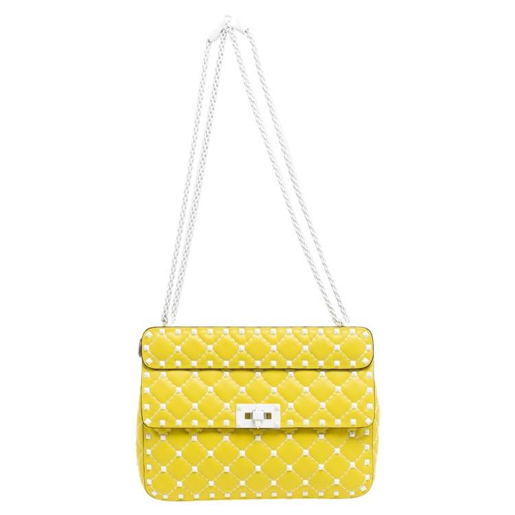 Pre Owned Valentino Yellow Leather Medium Rockstud Spike Top Handle Bag