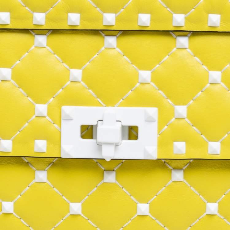 Pre Owned Valentino Yellow Leather Medium Rockstud Spike Top Handle Bag