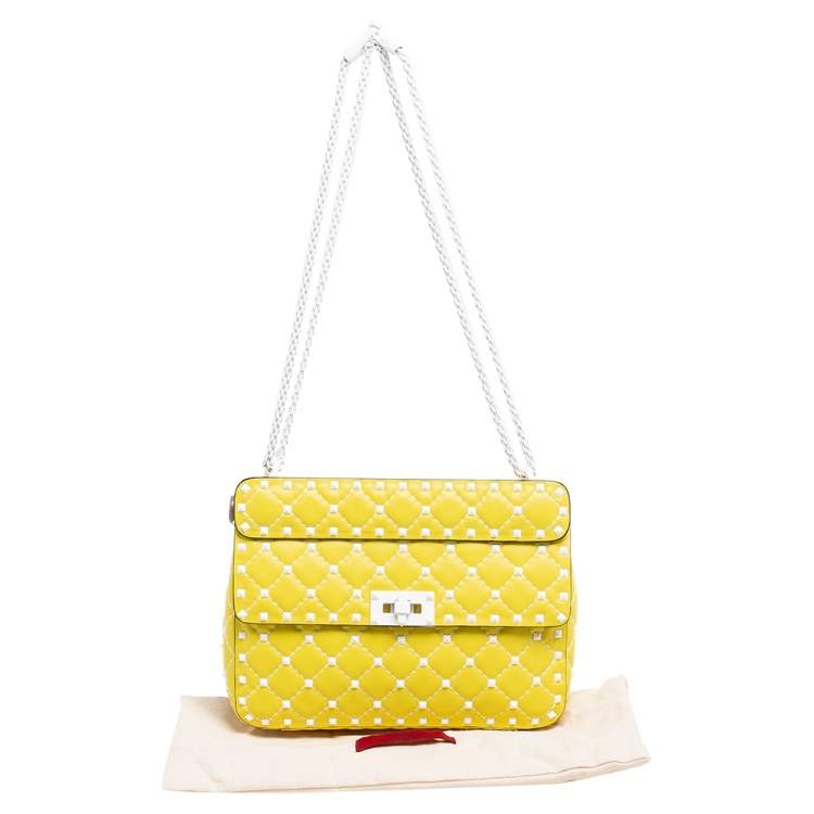 Pre Owned Valentino Yellow Leather Medium Rockstud Spike Top Handle Bag