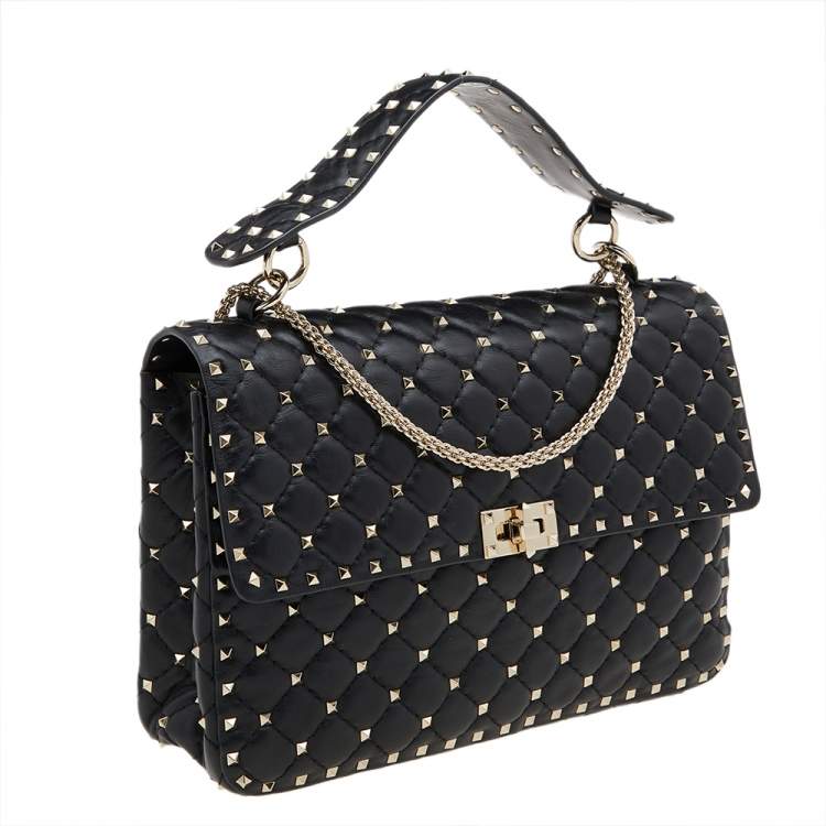 مملوكة مسبقًا Valentino Black Quilted Leather Large Rockstud Spike Top Handle Bag