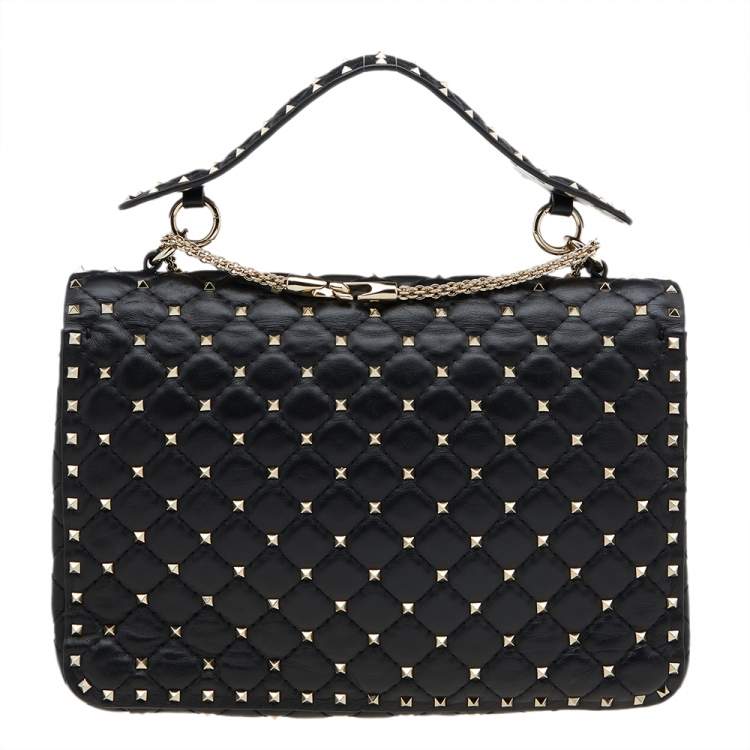 مملوكة مسبقًا Valentino Black Quilted Leather Large Rockstud Spike Top Handle Bag