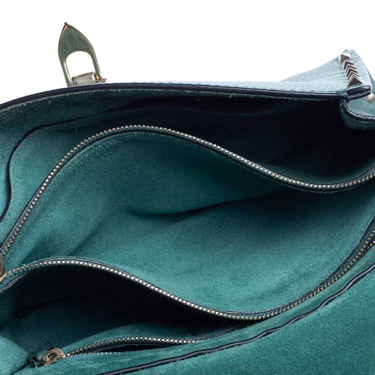 Pre Owned Valentino Green Leather Rockstud Flip Lock Top Handle Bag