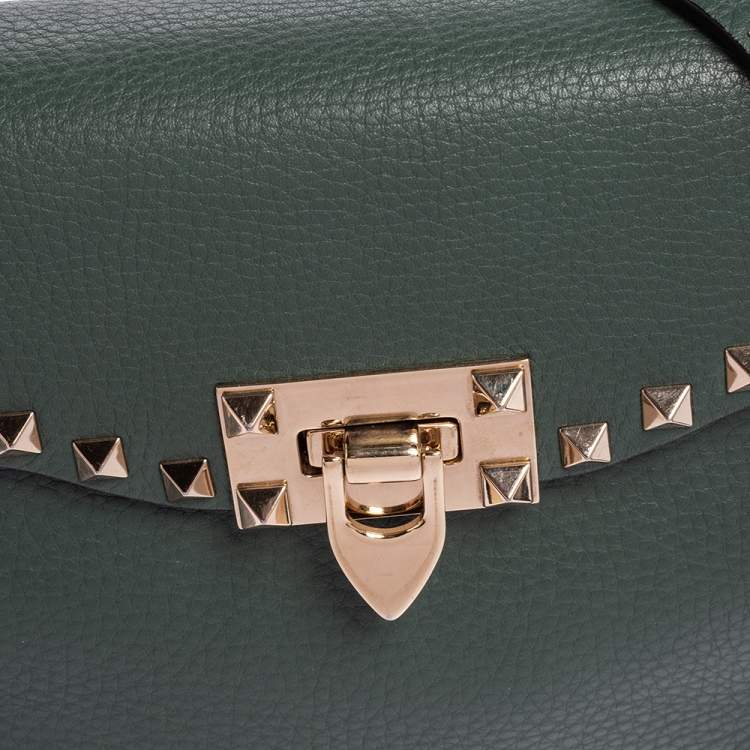 Pre Owned Valentino Green Leather Rockstud Flip Lock Top Handle Bag
