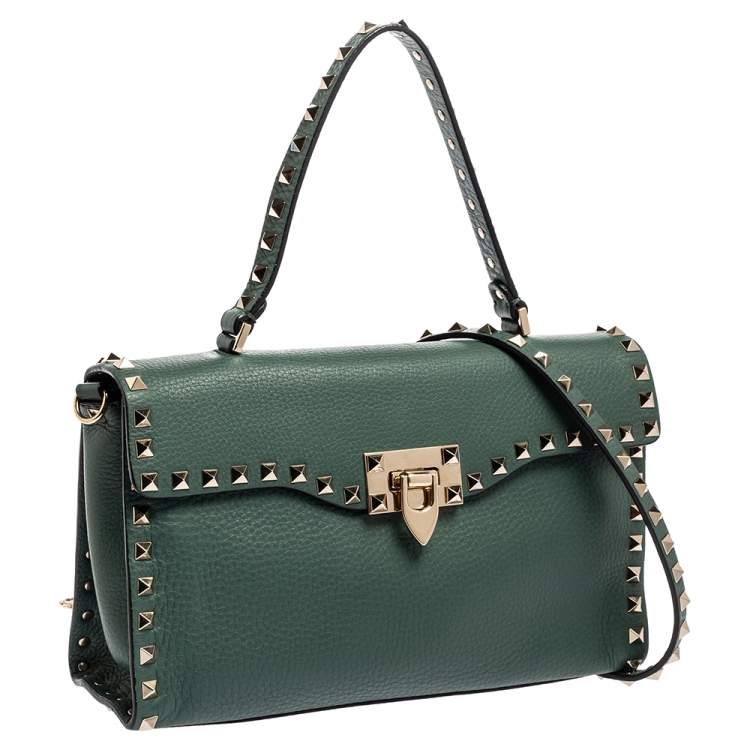 Pre Owned Valentino Green Leather Rockstud Flip Lock Top Handle Bag
