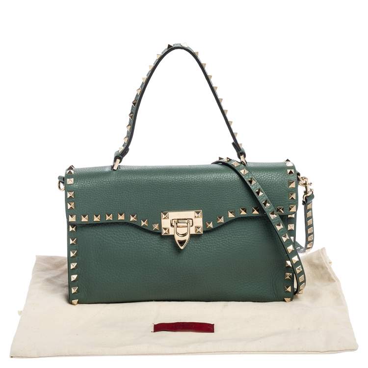 Pre Owned Valentino Green Leather Rockstud Flip Lock Top Handle Bag