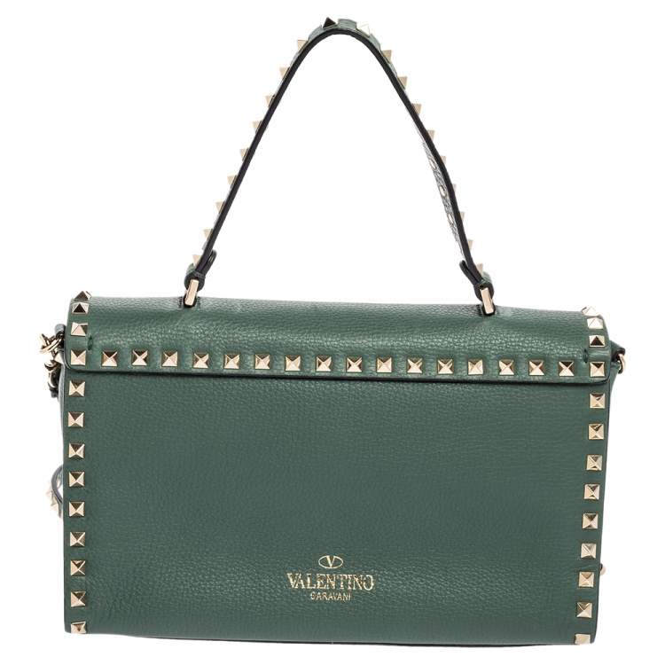 Pre Owned Valentino Green Leather Rockstud Flip Lock Top Handle Bag