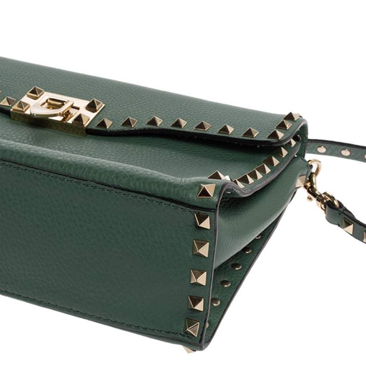 Pre Owned Valentino Green Leather Rockstud Flip Lock Top Handle Bag