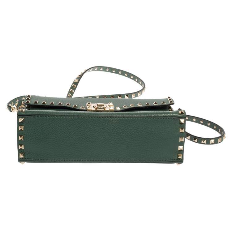 Pre Owned Valentino Green Leather Rockstud Flip Lock Top Handle Bag