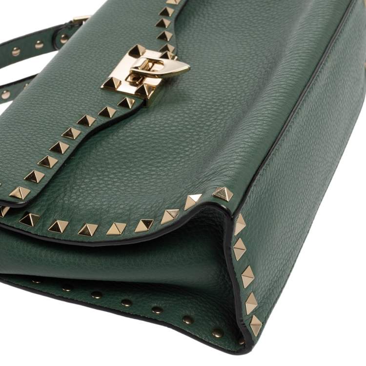 Pre Owned Valentino Green Leather Rockstud Flip Lock Top Handle Bag