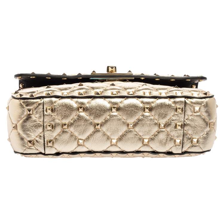 Pre Owned Valentino Metallic Gold Quilted Leather Small Rockstud Spike Chain Top Handle Bag