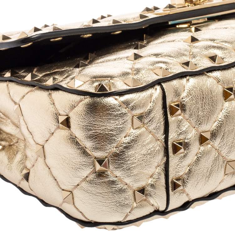 Pre Owned Valentino Metallic Gold Quilted Leather Small Rockstud Spike Chain Top Handle Bag