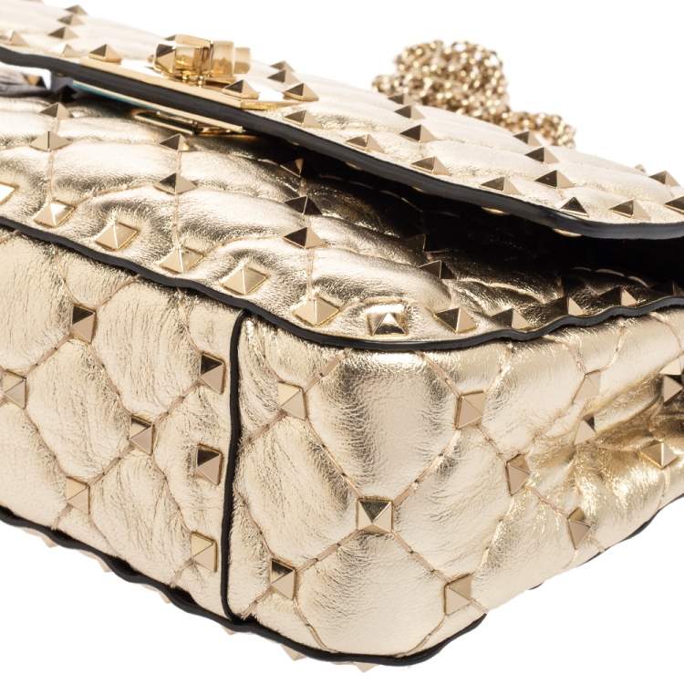 Pre Owned Valentino Metallic Gold Quilted Leather Small Rockstud Spike Chain Top Handle Bag