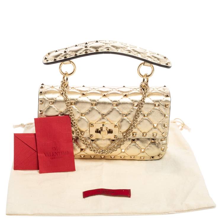 Pre Owned Valentino Metallic Gold Quilted Leather Small Rockstud Spike Chain Top Handle Bag