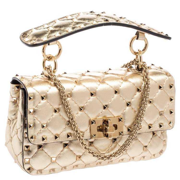 Pre Owned Valentino Metallic Gold Quilted Leather Small Rockstud Spike Chain Top Handle Bag