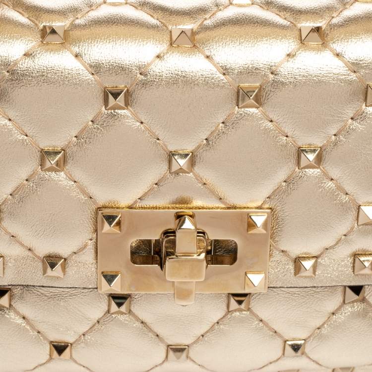 Pre Owned Valentino Metallic Gold Quilted Leather Small Rockstud Spike Chain Top Handle Bag