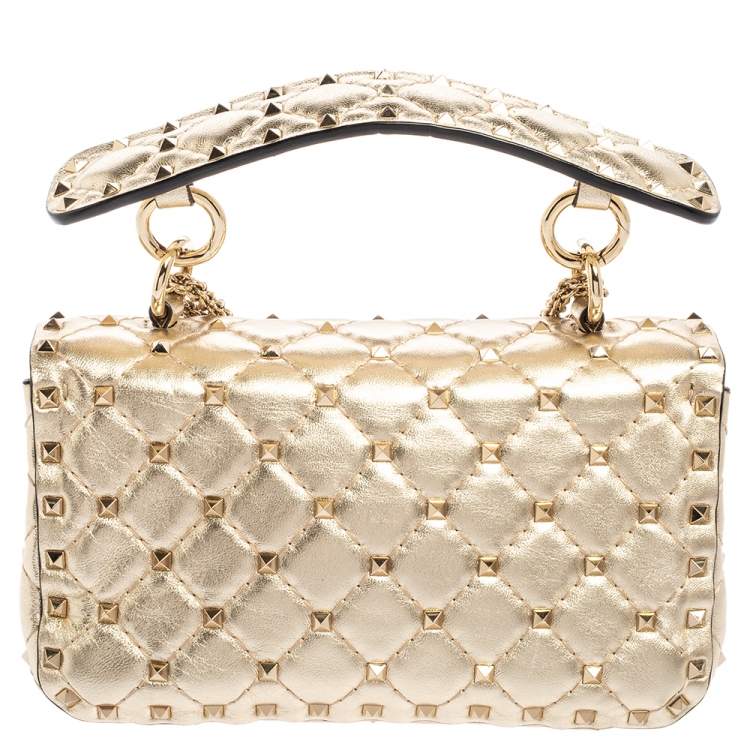 Pre Owned Valentino Metallic Gold Quilted Leather Small Rockstud Spike Chain Top Handle Bag
