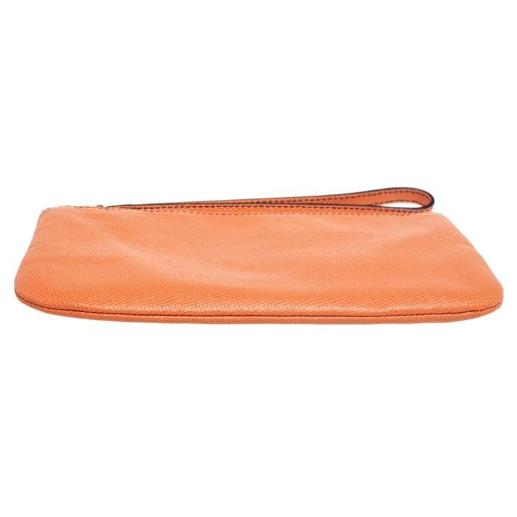 Pre Owned Valentino Carrot Orange Grained Leather Zip Wristlet Pouch