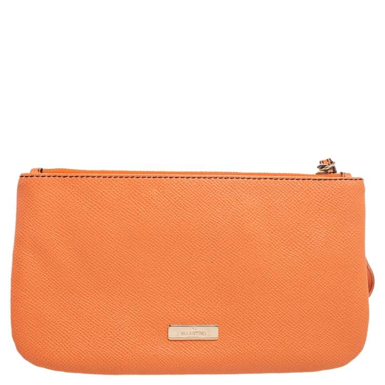 Pre Owned Valentino Carrot Orange Grained Leather Zip Wristlet Pouch