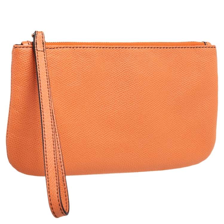 Pre Owned Valentino Carrot Orange Grained Leather Zip Wristlet Pouch