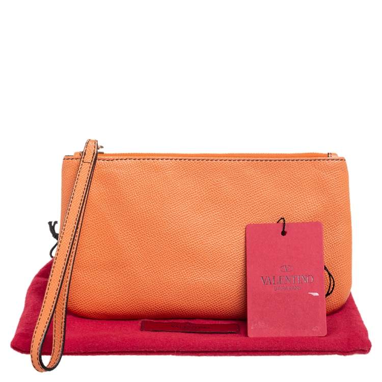 Pre Owned Valentino Carrot Orange Grained Leather Zip Wristlet Pouch
