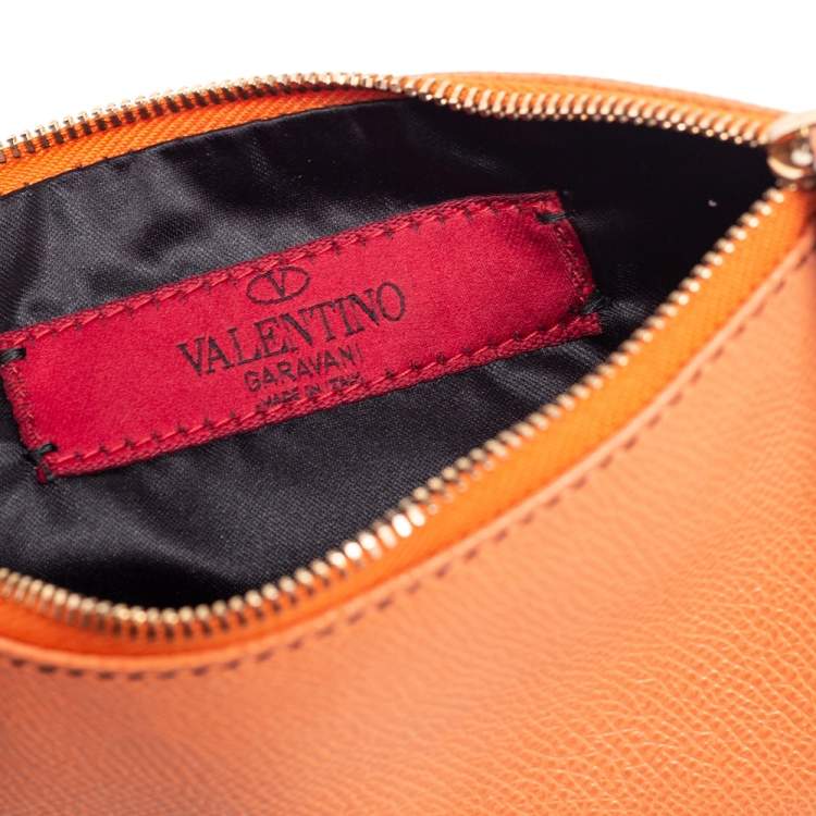 Pre Owned Valentino Carrot Orange Grained Leather Zip Wristlet Pouch