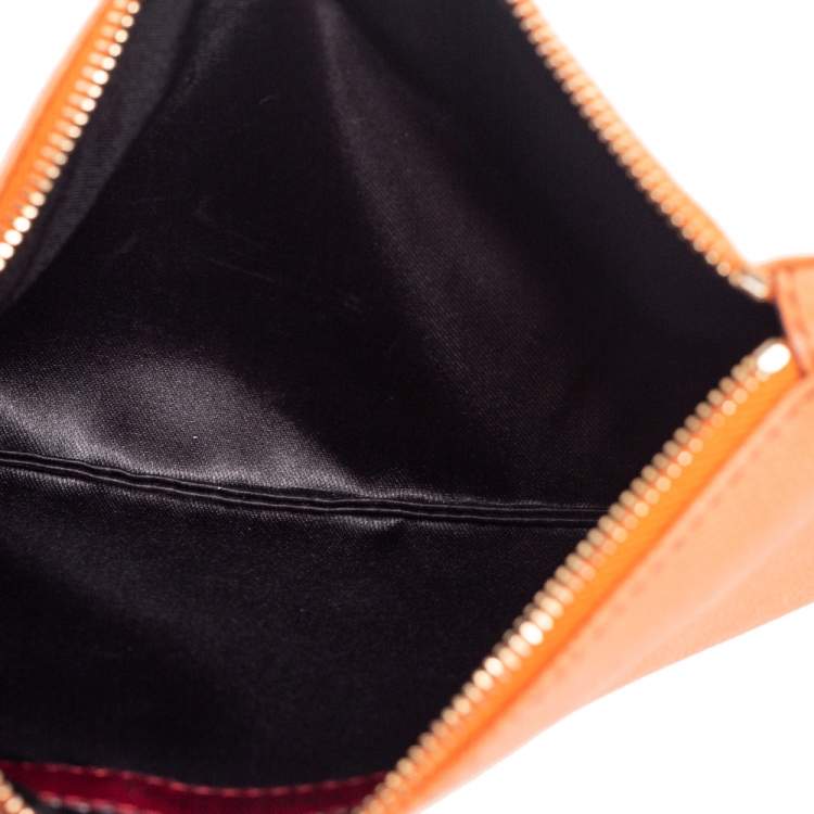 Pre Owned Valentino Carrot Orange Grained Leather Zip Wristlet Pouch