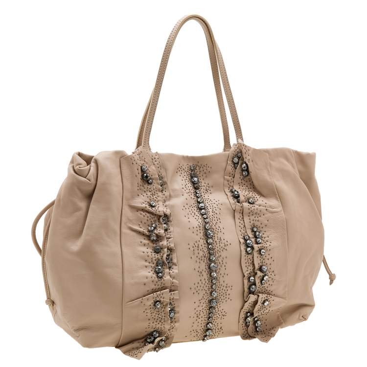 Pre Owned Valentino Pale Pink Leather Crystal Embellished Tote