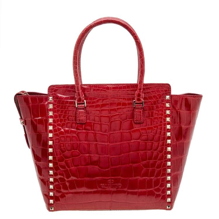 Pre Owned Valentino Red Alligator Leather Rockstud Trapeze Tote