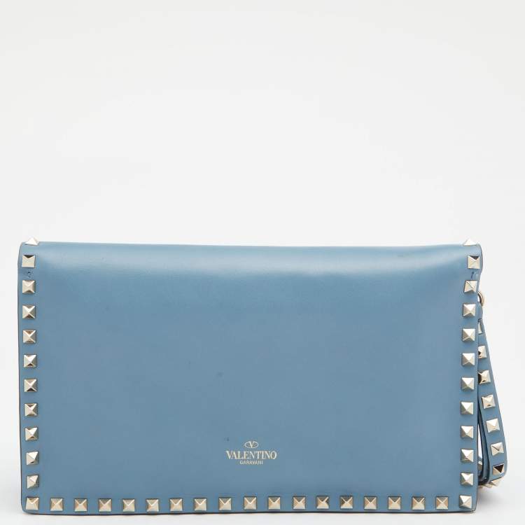 Pre Owned Valentino Sky Blue Leather Rockstud Clutch