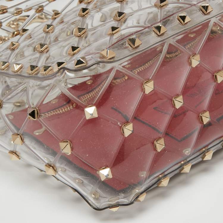 مملوكة مسبقًا  Valentino Clear/Red PVC Medium Rockstud Spike Top Handle Bag