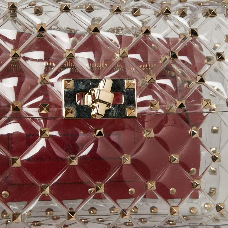 مملوكة مسبقًا  Valentino Clear/Red PVC Medium Rockstud Spike Top Handle Bag