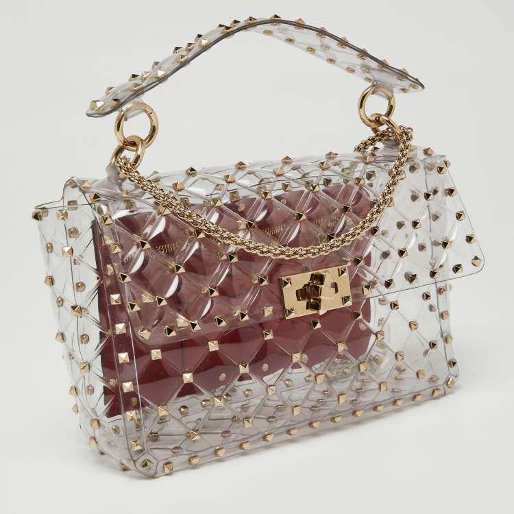 مملوكة مسبقًا  Valentino Clear/Red PVC Medium Rockstud Spike Top Handle Bag