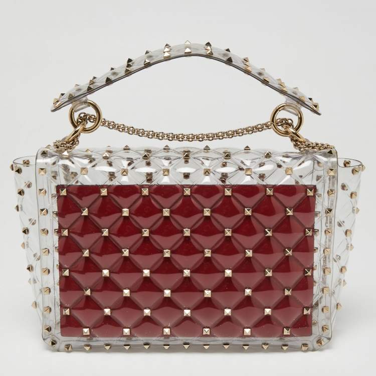 مملوكة مسبقًا  Valentino Clear/Red PVC Medium Rockstud Spike Top Handle Bag