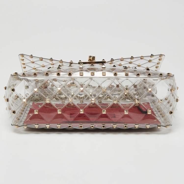 مملوكة مسبقًا  Valentino Clear/Red PVC Medium Rockstud Spike Top Handle Bag