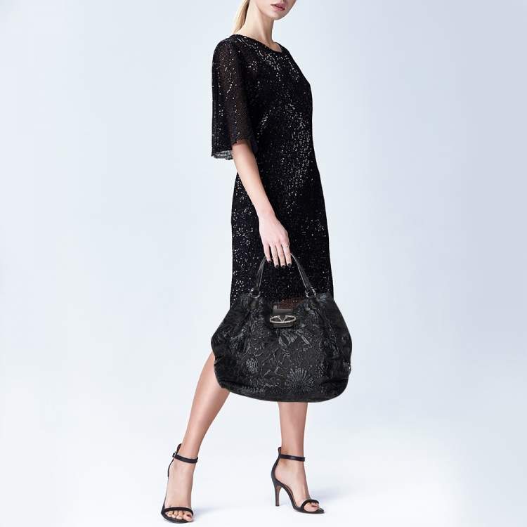 Pre Owned Valentino Black Nylon, Straw and Leather Hobo