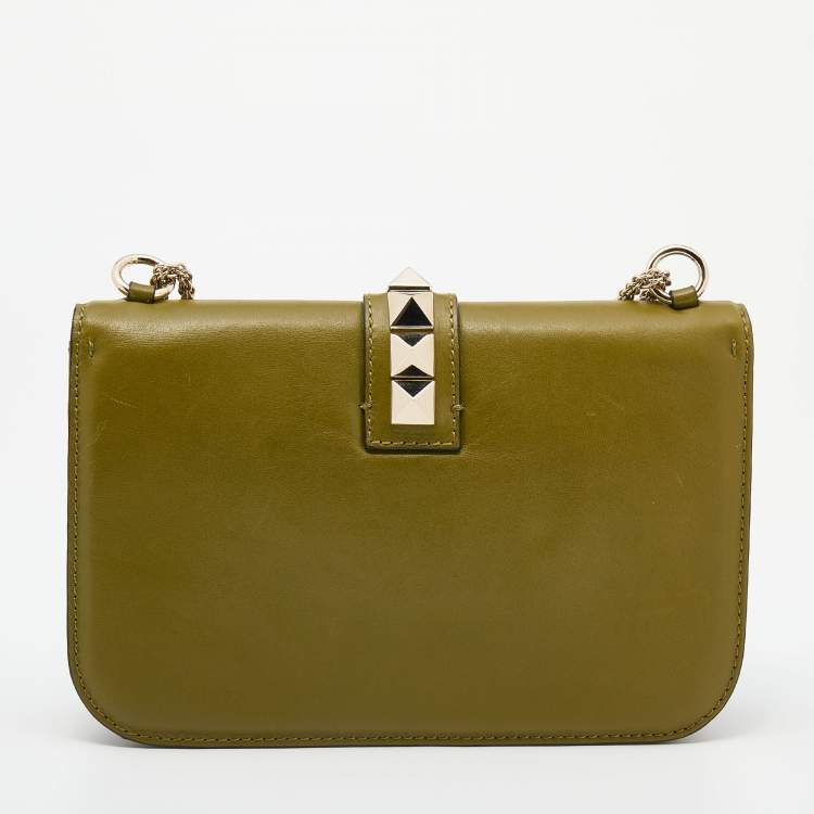 Valentino Green Leather Rockstud Medium Glam Lock Flap Bag