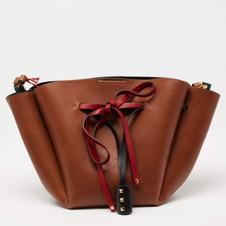 Pre Owned Valentino Brown Leather Bow Drawstring Bucket Bag