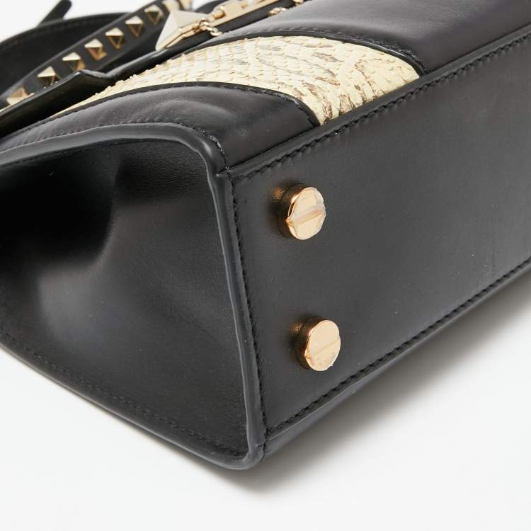 Pre Owned Valentino Black/Beige Leather and Water Snakeskin Flap Top Handle Bag