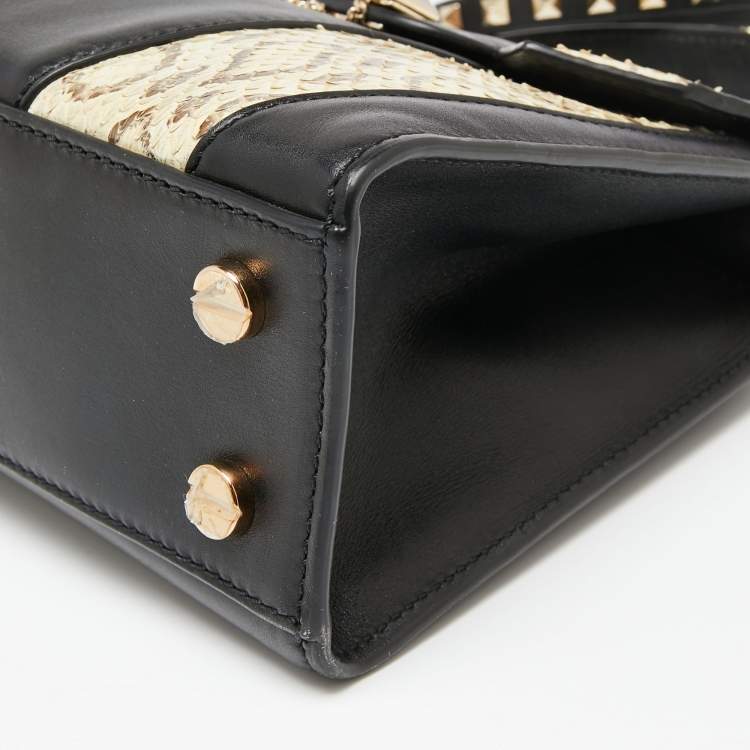 Pre Owned Valentino Black/Beige Leather and Water Snakeskin Flap Top Handle Bag